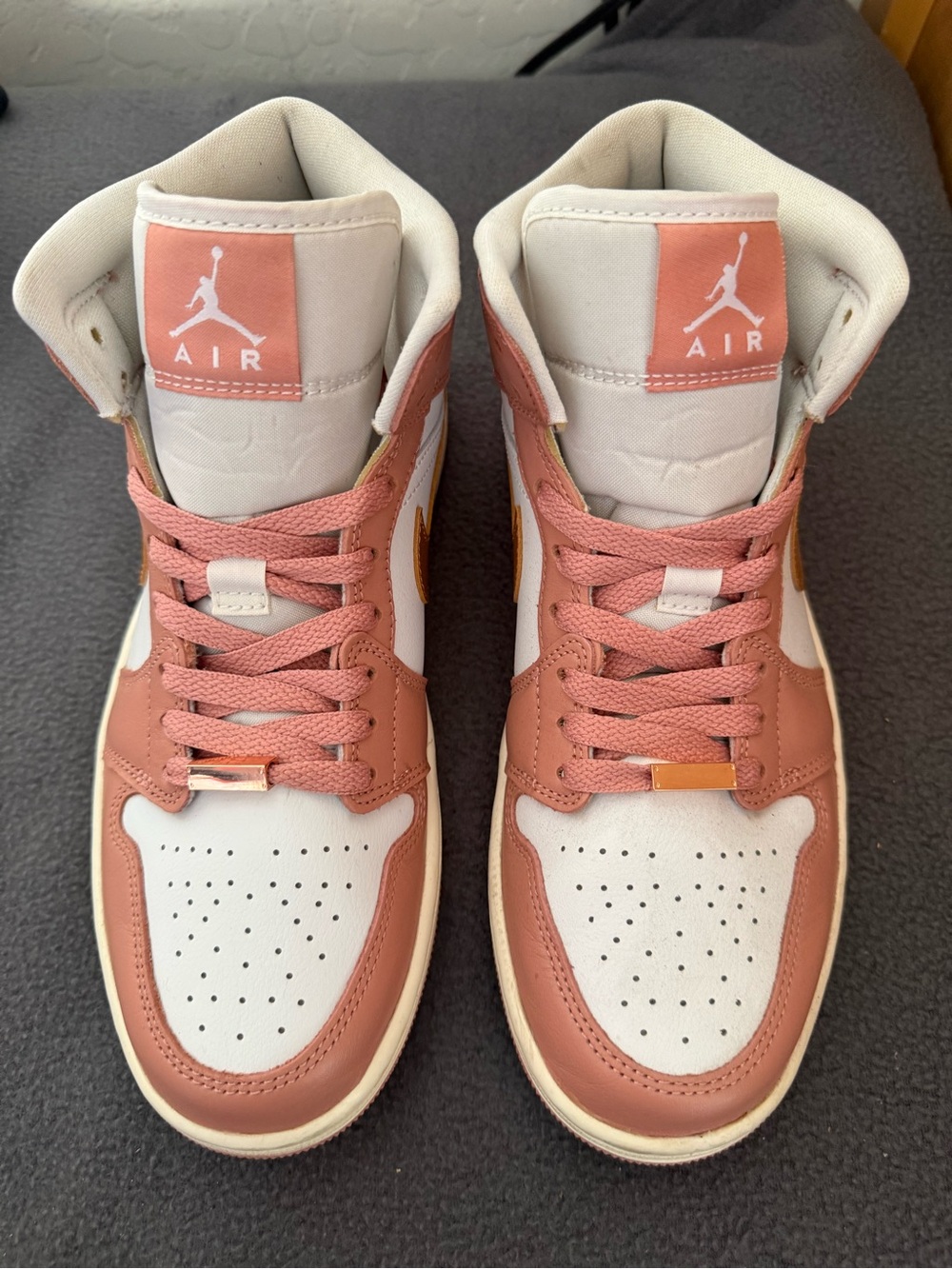 Jordan Kids High-Top Sneakers in Pink and White with Gold Swoosh